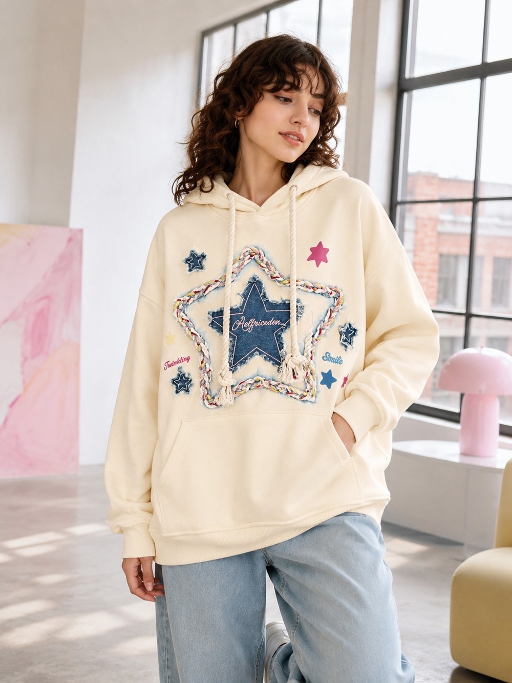 Aelfric Eden Oversized Star Hoodie Cream Appliqué Streetwear Influencer